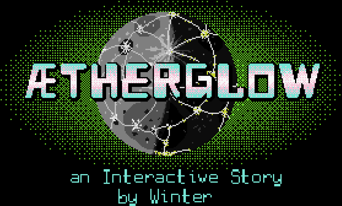Text: Ætherglow - an interactive story - by Winter.  Image: title imposed over a pixel art drawing of Earth's Moon (spaceside), with many Lunar cities and the railways between them visible, over a background of a green radial gradient effect
