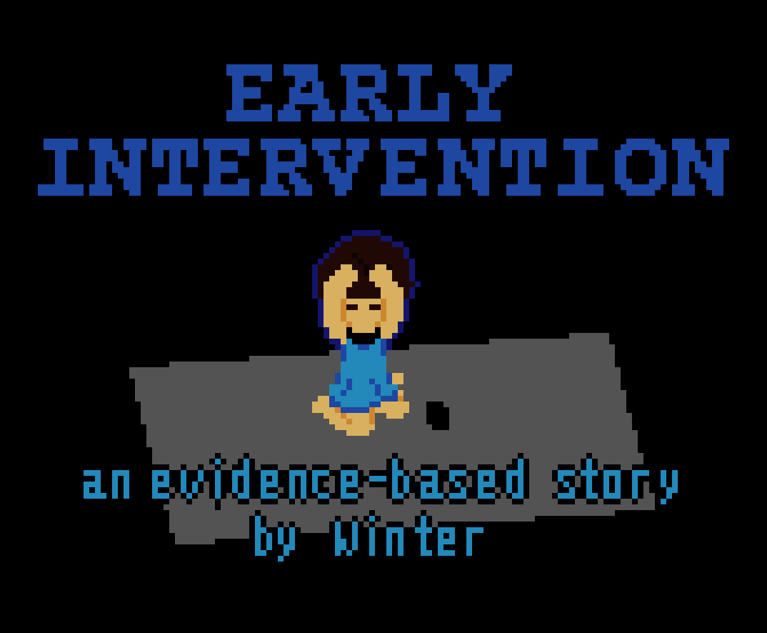 Text: “Early Intervention - an evidence-based story - by Winter” Image: a child wearing a blue dress and a grey neural interface collar, on its knees and covering its head with its hands, sitting in an abstract location with a grey background