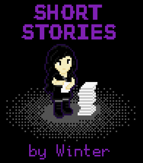 Text: Short Stories - by Winter. Image: pixel art drawing of a girl with pale white skin, long wavy black hair, and black eyes, holding a piece of paper and writing on it, while next to her is a tall stack of papers