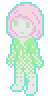 pixel sprite of the æthereal avatar of a girl with pink hair, green eyes, and transparent glass skin, its surface covered in scattered green light, and surrounded by a light blue aura