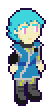 pixel sprite of a girl with light skin and short light blue hair and pink eyes, wearing a TLA uniform with a blue dress, an external full-body interface, an interface collar, and magnetic boots, with a terminal strapped to her right arm