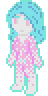 pixel sprite of the æthereal avatar of a girl with light blue hair, pink eyes, and transparent glass skin, its surface covered in scattered pink light, and surrounded by a light blue aura