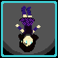 Pixel art sprite of an enby/femboy of about 180 months with white skin and long dark brown hair, light blue eyes, wearing a purple flowery skirt, a grey neural interface collar, a darker purple shirt, and purple and blue tall socks and arm warmers, floating upside down in microgravity.