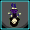 Pixel art sprite of an enby/femboy of about 180 months with white skin and long dark brown hair, light blue eyes, wearing a purple flowery skirt, a grey neural interface collar, a darker purple shirt, and purple and blue tall socks and arm warmers, floating upside down in microgravity, surrounded with a faint, transparent green aura, with a happy expression on xer face.