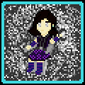 Pixel art sprite of an enby/femboy of about 180 months with white skin and long dark brown hair, wearing a purple flowery skirt, a grey neural interface collar held in her hand, a darker purple shirt, and purple and blue tall socks and arm warmers, strapped into a shuttle seat, surrounded by grey static also reflecting in her eyes.