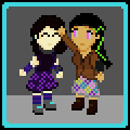 Pixel art sprite of an enby/femboy of about 180 months with white skin and long dark brown hair, wearing a purple flowery skirt, a grey neural interface collar held in her hand, a darker purple shirt, and purple and blue tall socks and arm warmers. Next to ær, a tall girl with light brown skin and long black hair with green highlights, metallic eyes with LEDs glowing pink, wearing a grey flowery skirt and a transparent brown jacket. She pats vær on the head.