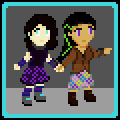 Pixel art sprite of an enby/femboy of about 180 months with white skin and long dark brown hair, wearing a purple flowery skirt, a grey neural interface collar held in her hand, a darker purple shirt, and purple and blue tall socks and arm warmers. Next to zir, a tall girl with light brown skin and long black hair with green highlights, metallic eyes with LEDs glowing pink, wearing a grey flowery skirt and a transparent brown jacket. She leads xem by the hand..