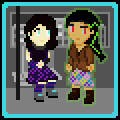 Pixel art sprite of an enby/femboy of about 180 months with white skin and long dark brown hair, wearing a purple flowery skirt, a grey neural interface collar held in her hand, a darker purple shirt, and purple and blue tall socks and arm warmers, sitting in a chair in a metro car. Next to zir, a tall girl with light brown skin and long black hair with green highlights, metallic eyes with LEDs glowing red, wearing a grey flowery skirt and a transparent brown jacket. She looks aside, staring intently at someone.