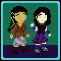 Pixel art sprite of an enby/femboy of about 180 months with white skin and long dark brown hair, wearing a purple flowery skirt, a grey neural interface collar held in her hand, a darker purple shirt, and purple and blue tall socks and arm warmers, stading, excited and ready to get going. Next to her, a tall girl with light brown skin and long black hair with green highlights, metallic eyes with LEDs glowing red, wearing a grey flowery skirt and a transparent brown jacket.