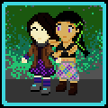 Pixel art sprite of an enby/femboy of about 180 months with white skin and long dark brown hair, wearing a purple flowery skirt, a grey neural interface collar around its neck, a darker purple shirt, and purple and blue tall socks and arm warmers, with a translucent brown coat over top of it all. Next to per, a tall girl with light brown skin and long black hair with green highlights, metallic eyes with LEDs glowing red, wearing a grey flowery skirt and a black crop top. She helps them put on the jacket.