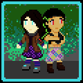 Pixel art sprite of an enby/femboy of about 180 months with white skin and long dark brown hair, wearing a purple flowery skirt, a grey neural interface collar held in her hand, a darker purple shirt, a translucent brown coat, and purple and blue tall socks and arm warmers. Next to this one, a tall girl with light brown skin and long black hair with green highlights, metallic eyes with LEDs glowing red, wearing a grey flowery skirt and a black crop top. She looks aside, staring intently at someone while inputting something on the terminal on her arm.