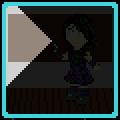 Pixel art sprite of an enby/femboy of about 180 months with white skin and long dark brown hair, wearing a purple flowery skirt, a darker purple shirt, a translucent brown coat, and purple and blue tall socks and arm warmers, floating upside down, under murky green water, with thick algæ clinging to hir skin and clothes.