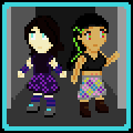 Aydan, an enby with shoulder length brown hair and pale skin and lght blue natural eyes, wearing apurple flowery skirt and a dark blue shirt, and Akiko, a girl with light brown skin, long black hair with green highlights in a brais, and electronic eyes lit up green and red, wearing a grey flowery skirt and a black crop top, enter a room and gaze upon it in astonishment.