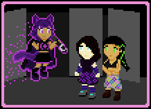 Akiko, a girl with long black hair with green highlights in a single braid, brown skin with the marks of conduits running underneath along her arms, wearing a purple flowery skirt and black crop top and brown leather boots, with electronic eyes glowing green; Aydan, an enby with white skin, dark brown shoulder length hair, and light blue natural eyes, wearing a black shirt and dark blue flowery skirt with blue and purple arm warmers; both look up at the holographic projection of a young girl with the ears and tail of a cat, with purple hair, purple eyes, wearing a black skirt and black crop top and tall black boots and a long black cloak, holding a microphone adorned with the crescent Moon, and surrounded by a light purple aura.