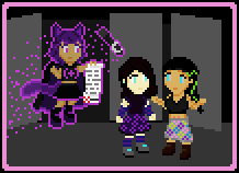 Akiko, a girl with long black hair with green highlights in a single braid, brown skin with the marks of conduits running underneath along her arms, wearing a purple flowery skirt and black crop top and brown leather boots, with electronic eyes glowing light blue; Aydan, an enby with white skin, dark brown shoulder length hair, and light blue natural eyes, wearing a black shirt and dark blue flowery skirt with blue and purple arm warmers; both look up at the holographic projection of a young girl with the ears and tail of a cat, with purple hair, purple eyes, wearing a black skirt and black crop top and tall black boots and a long black cloak, holding a microphone adorned with the crescent Moon, and surrounded by a light purple aura, holding an image of a long paper contract before them.