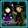 Aydan, an enby with white skin, dark brown shoulder length hair, and light blue natural eyes, wearing a black shirt and dark blue flowery skirt with blue and purple arm warmers, stands next to Marimo Noriko, a girl taller than xir with light brown skin, black hair in a tight bun at the base of her neck, and brown natural eyes, wearing a brown leather vest, pants, and boots, and a cloak of green living moss, holding a wooden staff wrapped in living vines and exposed wires.