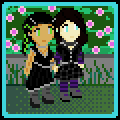 Aydan an enby with white skin and dark brown shoulder length hair, with light blue natural eyes, wearing a black and grey circuit pattern skirt and a black shirt lined with reflective silver edges, purple and blue wool arm warmers and tall stripey socks, and a neural interface collar. Akiko, a girl with long black hair in two braids with green highlights, with light brown skin showing the lines of implanted interface conduits underneath, wearing an asymmetrical black dress with seams of metal wire, a wire necklace and bracelets, metal hairclips, and tall, magnetic boots. The two walk hand in hand in a park on a glass walkway surrounded by plants.