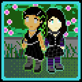 Aydan an enby with white skin and dark brown shoulder length hair, with light blue natural eyes, wearing a black and grey circuit pattern skirt and a black shirt lined with reflective silver edges, purple and blue wool arm warmers and tall stripey socks, and a neural interface collar. Akiko, a girl with long black hair in two braids with green highlights, with light brown skin showing the lines of implanted interface conduits underneath, wearing an asymmetrical black dress with seams of metal wire, a wire necklace and bracelets, metal hairclips, and tall, magnetic boots. The two stand together in a park on a glass walkway surrounded by plants, each surrounded by a faint aura.