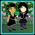 Aydan an enby with white skin and dark brown shoulder length hair, with light blue natural eyes, wearing a black and grey circuit pattern skirt and a black shirt lined with reflective silver edges, purple and blue wool arm warmers and tall stripey socks, and a neural interface collar. Akiko, a girl with long black hair in two braids with green highlights, with light brown skin showing the lines of implanted interface conduits underneath, wearing an asymmetrical black dress with seams of metal wire, a wire necklace and bracelets, metal hairclips, and tall, magnetic boots. The two stand together in a park on a glass walkway surrounded by plants, Aydan looking confused.