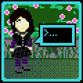 Aydan, an enby with white skin and dark brown shoulder length hair, with light blue natural eyes, wearing a black and grey circuit pattern skirt and a black shirt lined with reflective silver edges, purple and blue wool arm warmers and tall stripey socks, and a neural interface collar, standing in a park on a glass walkway surrounded by plants, looking to some inseen horizon beyond horizons as it thinks a message in her terminal.