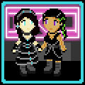 Aydan and Akiko as descrbed below, standing in a dark street in front of a brght neon sign, holding hands.