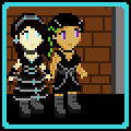Aydan and Akiko walk by a building of brown bricks toward a grey metal door.