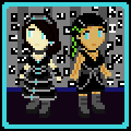 Aydan and Akiko standing in a small room with walls of exposed grey panels covered in little black stickers with different images and text printed on them.