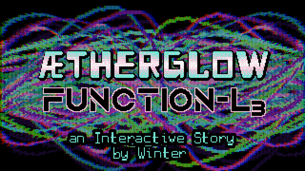 Ætherglow: Function-L₃, an Interactive Story by Winter, background: looks like a bunch of fucked up sine waves in blue green and purple overlayed on each other and run through some glitchy effects