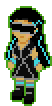 pixel sprite of the æthereal avatar of a tall girl with light brown skin and long black hair with light blue highlights, wearing a black dress with a silver wire pattern, and bands with light blue LEDs wrapped around her forearms and legs. her eyes are covered with an opaque black plate, and she is surrounded by a green aura