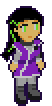 pixel sprite of a girl who is tall with long black hair in a long braid with green highlights intertwined in the braid, with light brown skin and green artificial eyes, wearing a TLA uniform with a purple dress, with a grey underlayer with no full-body interface, and an external interface collar, and magnetic boots