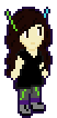 pixel art of a white girl with long wavy dark brown hair and dark brown eyes, a cyborg girl with antennae attached to the sides of its head, wearing a black dress and leggings with a circuit pattern