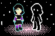pixel art drawing of the æthereal avatar of a young femboy with white skin, light blue eyes, and dark brown hair with blue highlights, surrounded by a pale blue aura, and facing a humanoid entity composed of darkness surrounded by a bright aura.