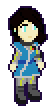 pixel sprite of a femboy enby who is tall and has mid-length dark brown hair, light skin, and light blue eyes, wearing a TLA uniform with a blue dress, an external full-body neural interface, an interface collar, and magnetic boots