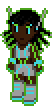 pixel sprite of the æthereal avatar of a tall butch enby with black skin, long black hair in six segments which radiate away from their head, levitating in a static field, and dark brown eyes with their sclera glowing neon blue, and green eye shadow above, with two antennæ protruding backwards from their temples, with bright green glowing stripes running down their body along their nervous conduits, wearing a silver crop top and shorts wth glowing blue lines continuing the nerve pathways, with glass bracelets glowing neon blue, and the same blue light shining from the glass sole of their silver boots, enveloped by a green aura