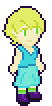 pixel art of a white girl with short blonde hair and light green eyes, wearing a pretty blue shirt and a blue skirt, and purple shoes with green socks