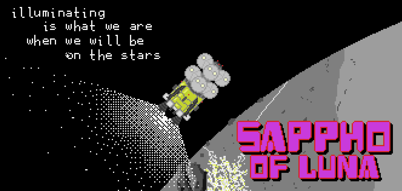 Sappho of Luna promotional image in pixel art showing a DreamFlight LTS-6900 modular transport shuttle accelerating to orbit over Qianshi city, just west of that we can see the edge of the Montes Riphæus