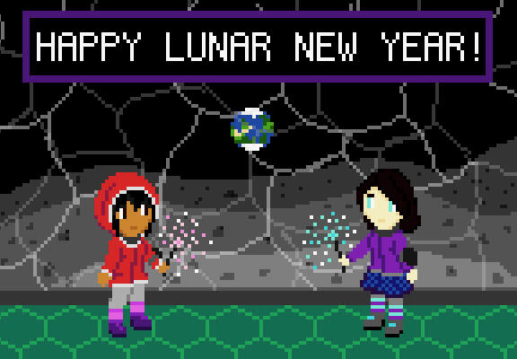 text: HAPPY LUNAR NEW YEAR! // image: Lunatics Saffron SapphoOfLuna and Aydan Ætherglow celebrate in some Lunar colony looking out at the Earth near the horizon through the water barrier, dressed for night