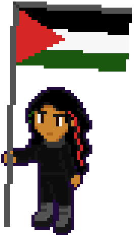 Sabrina Salah (Sappho of Luna) in partial black bloc and carrying the flag of Palestine, she also has her hair highlights dyed red and green
