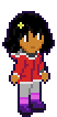 pixel art of a cute young Lunatic girl from Qianshi, with shoulder length thick unruly wavy black hair, light brown skin, and dark brown eyes, wearing a heavy red coat, grey leggings, purple shoes with light purple socks, and a little yellow flower in her hair, also wearing an external neural interface collar around her neck and a terminal strapped to her left arm, first year technopath candidate that she is