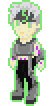 pixel sprite of the æthereal avatar of a tall butch enby with light skin covered in metallic dust, hair of grey metallic fibers, and eyes glowing purple, with a metal plate across their forehead, wearing a tight shirt and pants of grey metallic fabric, surrounded by a light green aura