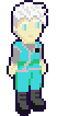 pixel sprite of a tall butch enby with light skin and teal artificial eyes and white hair shaved close on the sides and a little longer on the top, wearing a TLA uniform in masc-configuration in green, and magnetic boots