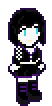 pixel art of a girl-shaped vampiric succubus with deathly pale skin and icy blue eyes, with straight black shoulder length hair, wearing thigh high black boots, a black skirt, a black corset, black wristbands, fishnet sleeves, and a black choker