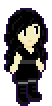 pixel art of a pale white girl with long wavy black hair and black eyes, wearing a black dress with a belt, thigh high black boots, and grey leggings
