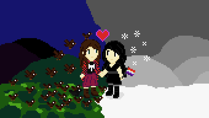 Admin Sparrows, a girl with long brown hair wearing a red skirt and a red and black flannel and a shirt with the labrys symbol, stands on a field of grass surrounded by a flock of sparrows and one large raven, holding the hand of Admin Changeling, also known as Winter, a girl with black hair and dark eyes and white skin, wearing a black dress, standing on a field of snow with six snowflakes around her head.