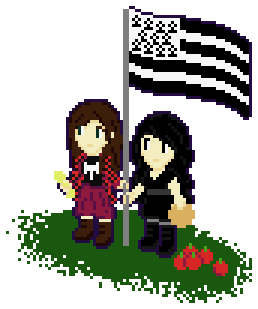 TLA webmistress Sparrow (left, a girl with white skin and light brown hair, wearing a black and red plaid flannel and a red skirt) and TLA author Winter (right, a girl with white skin and dark hair and eyes, wearing a black dress) stand on a patch of grass holding a block of butter, a galette, and the flag of Bretagne, next to a pile of apples