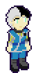 pixel sprite of a short enby with light skin and light green eyes, with short hair half-black and half-white, wearing a TLA uniform with a hybrid of the girl and boy versions, in blue, and a full-body external neural interface and interface collar, and magnetic boots