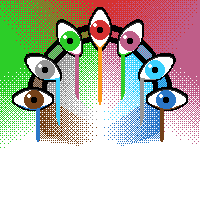 A 180 degree arc with seven eyes evenly distributed along it. Their irises are colored (left to right) brown, grey, green, red, purple, teal, and blue. The arc is made up of two black lines, with the space in between colored similarly to the eye that follows it. Below each eye is a vertical line, colored (left to right) blue, teal, purple, orange, green, grey, brown. In between the vertical lines, the space is colored corresponding to the eye next to it. The background is a gradient spanning from (left to right) green, red, purple, and (top to bottom) opaque to transparent.