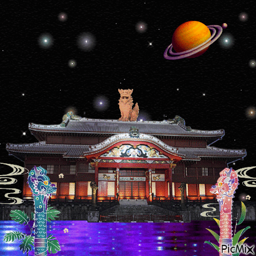 animated gif of Shuri Castle, Ryukyuan structure with red walls, a multi-tiered roof structure, and four pillars at its main entrance, all ornate and decorated. instead of being in Okinawa, it is in space, with the planet Saturn visible in the background, rotating in a direction that indcates we are looking at it from its southern hemisphere, and a number of stars that flicker. in the foreground is a body of water, animated with gentle waves on its surface, colored purple and blue.
