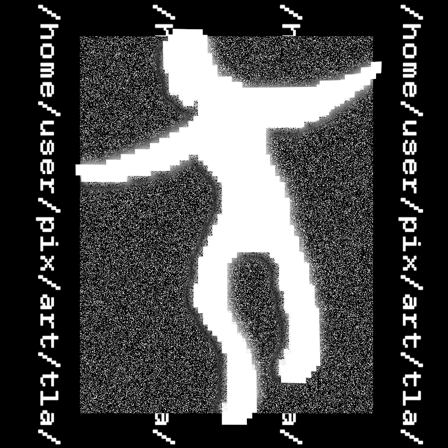 A solid pixel art silhouette of a humanoid falling with their arms outstretched.They are glowing slightly, with a slight drop shadow against a rectangle of white noise.The background is vertically striped with the text 